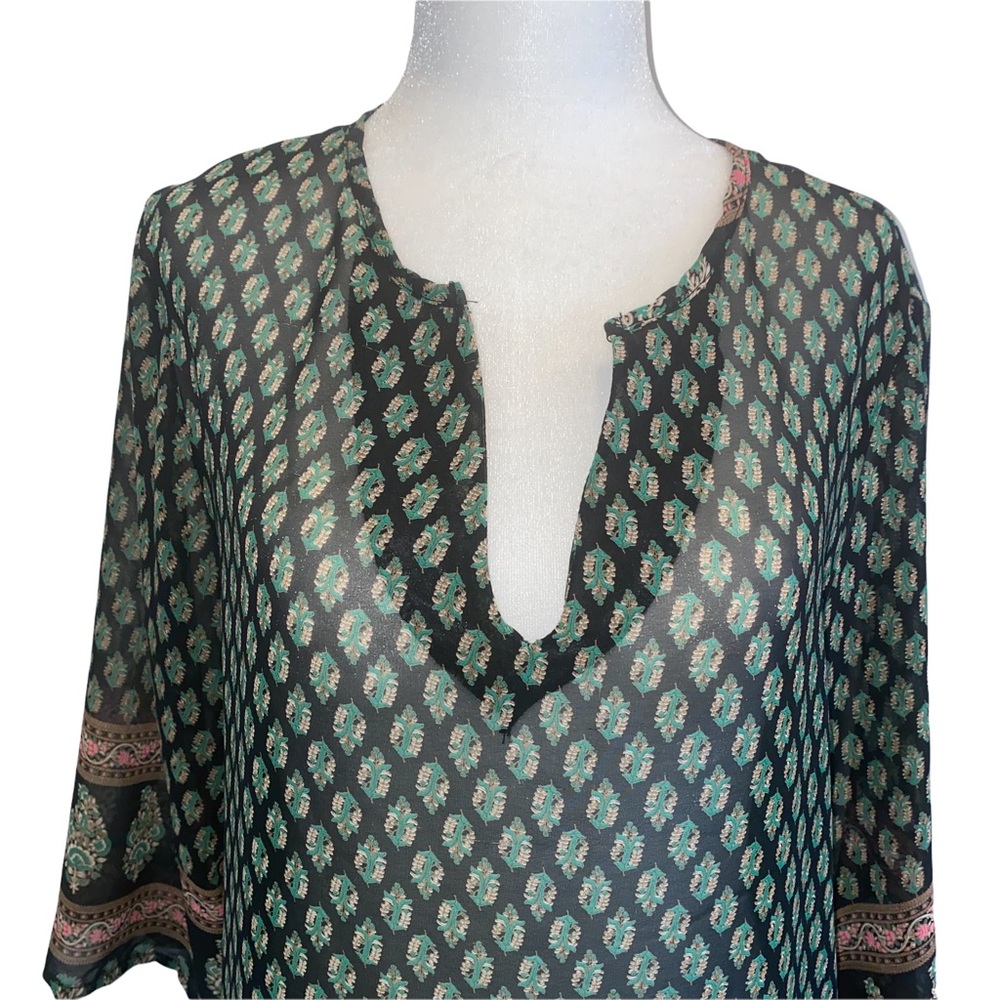 Trinity Semi-Sheer Black/Green Boho Blouse M - Picture 2 of 11